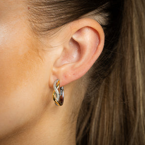 1/10 Carat Diamond Hoop 2 Tone Earrings in Gold Plated Silver